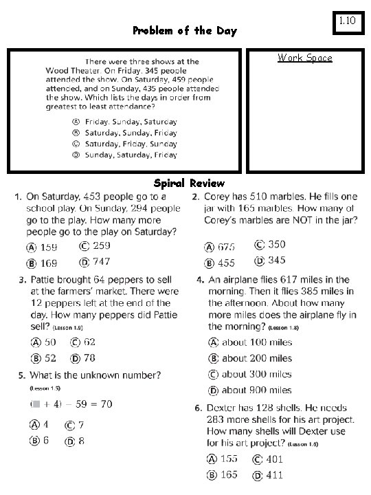 1. 10 Problem of the Day Work Space Spiral Review 