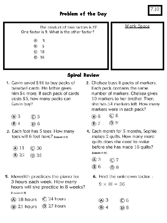 7. 10 Problem of the Day Work Space Spiral Review 