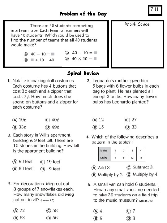 7. 11 Problem of the Day Work Space Spiral Review 