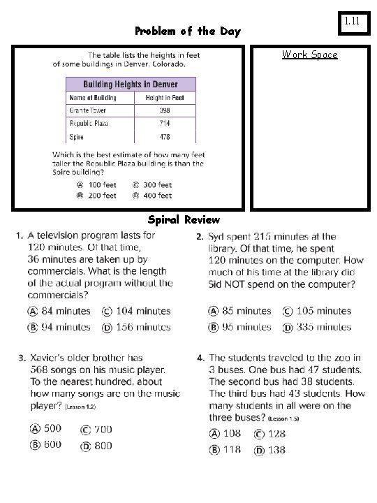 1. 11 Problem of the Day Work Space Spiral Review 