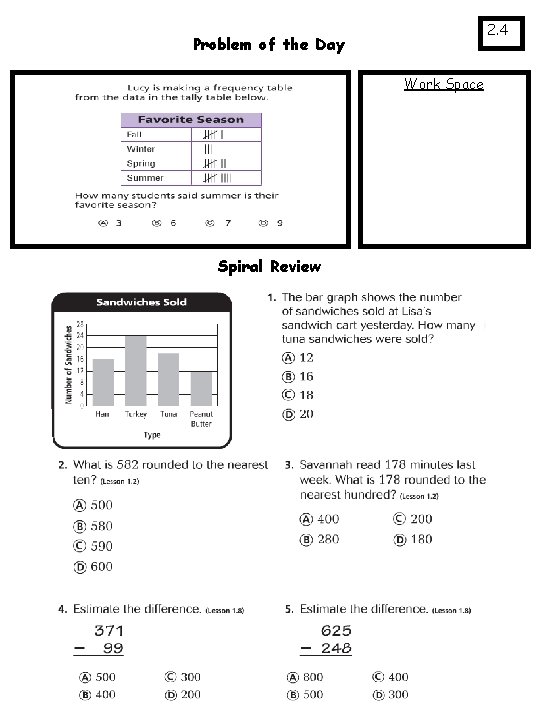 2. 4 Problem of the Day Work Space Spiral Review 