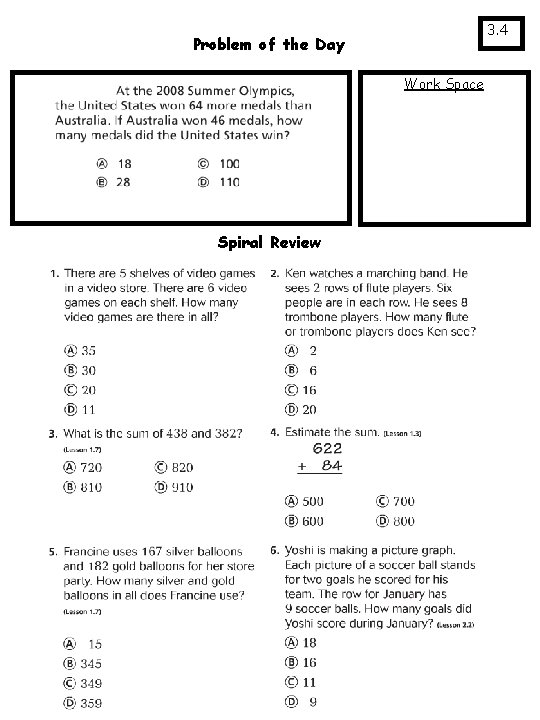 3. 4 Problem of the Day Work Space Spiral Review 