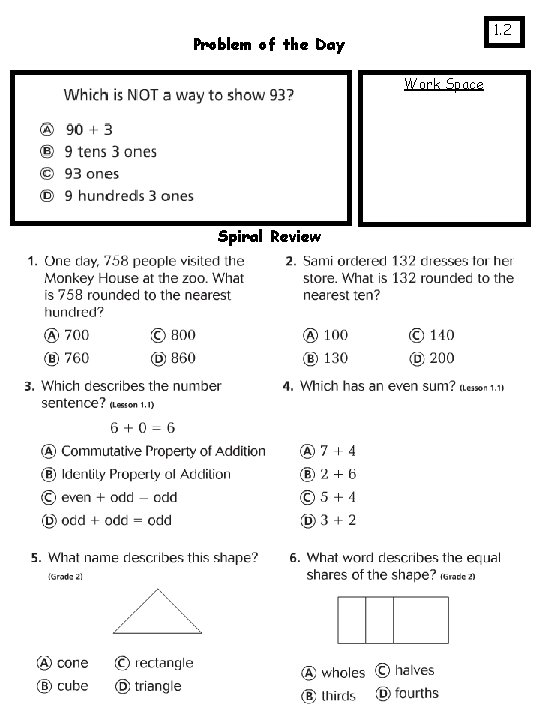 1. 2 Problem of the Day Work Space Spiral Review 
