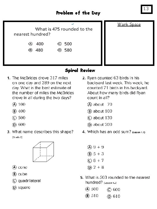 1. 3 Problem of the Day Work Space Spiral Review 