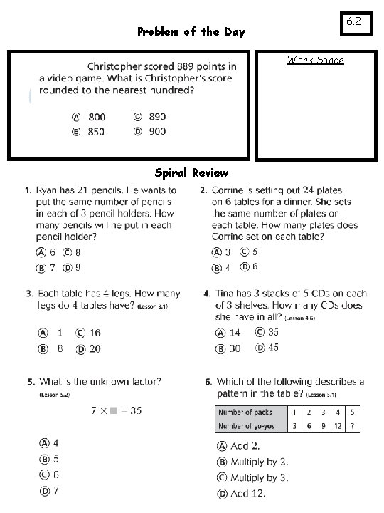 6. 2 Problem of the Day Work Space Spiral Review 