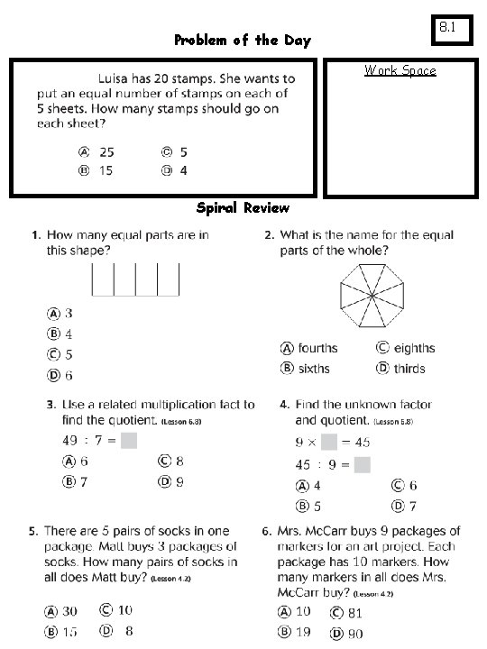 8. 1 Problem of the Day Work Space Spiral Review 