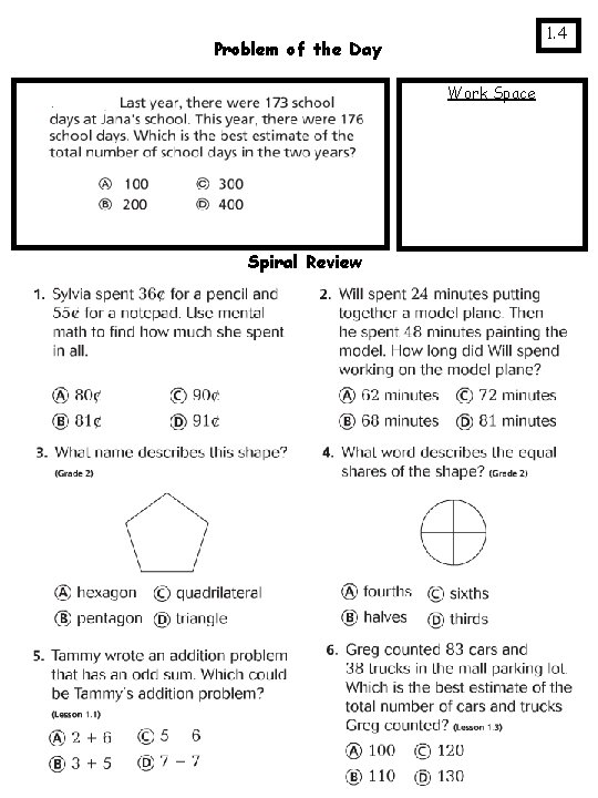 1. 4 Problem of the Day Work Space Spiral Review 