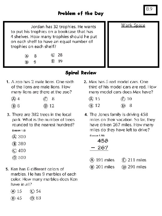 8. 9 Problem of the Day Work Space Spiral Review 
