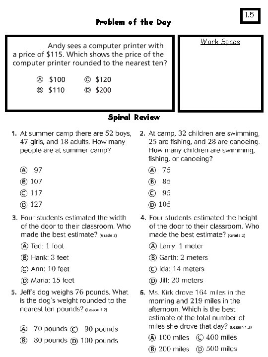 1. 5 Problem of the Day Work Space Spiral Review 