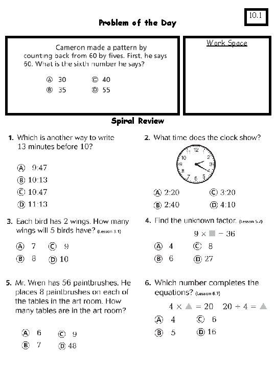 10. 1 Problem of the Day Work Space Spiral Review 