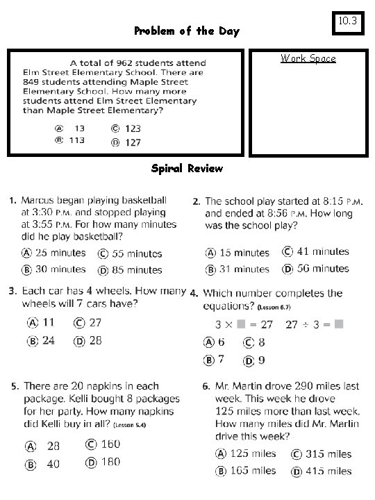 10. 3 Problem of the Day Work Space Spiral Review 