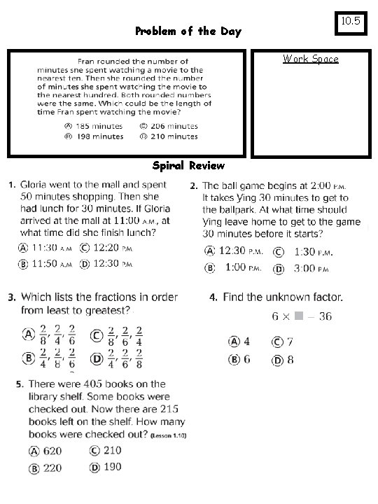 10. 5 Problem of the Day Work Space Spiral Review 