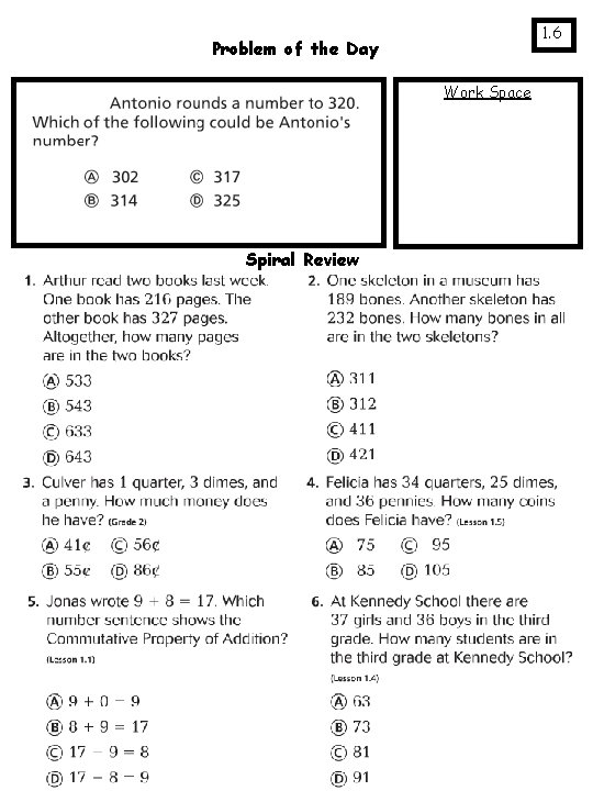 1. 6 Problem of the Day Work Space Spiral Review 