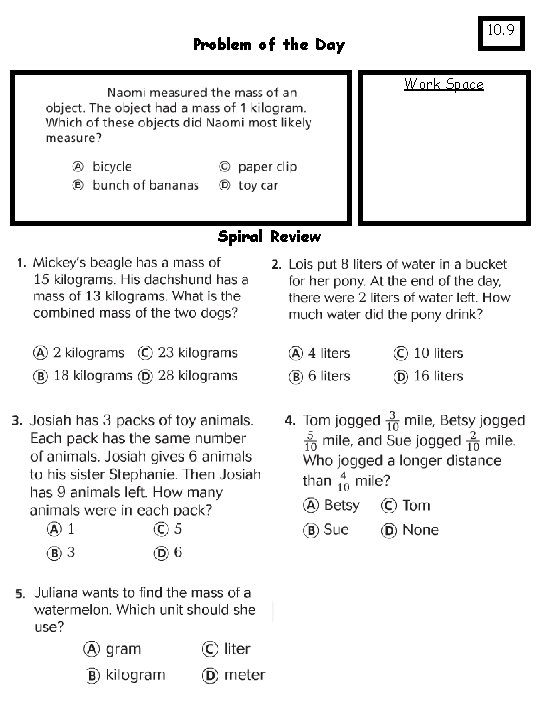 10. 9 Problem of the Day Work Space Spiral Review 