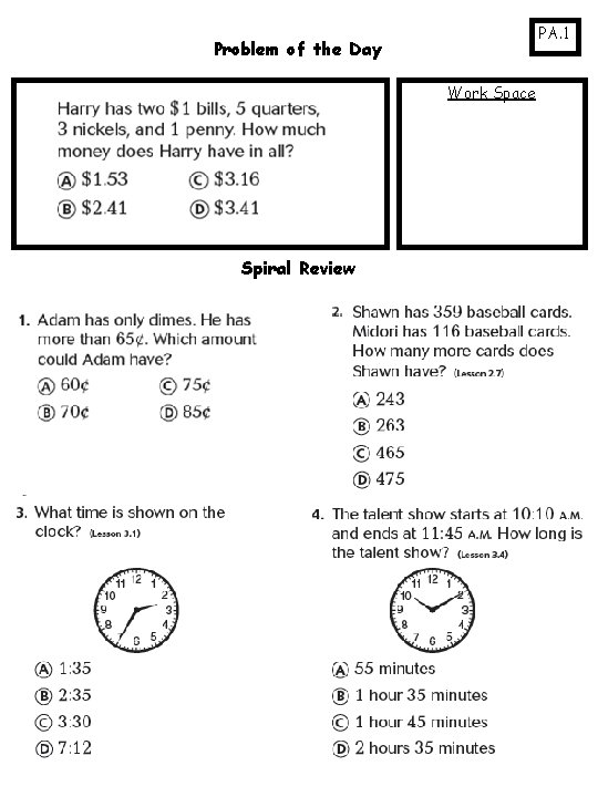 PA. 1 Problem of the Day Work Space Spiral Review 