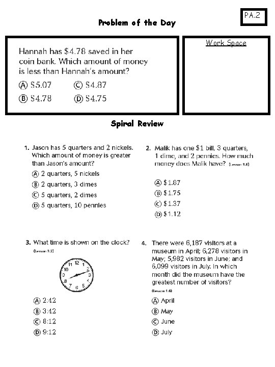 Problem of the Day PA. 2 Work Space Spiral Review 