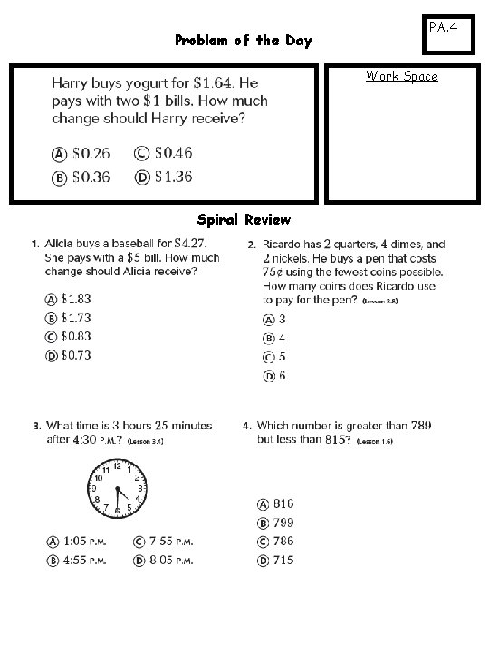 Problem of the Day PA. 4 Work Space Spiral Review 