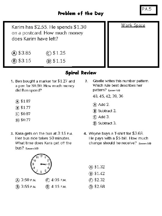 Problem of the Day PA. 5 Work Space Spiral Review 