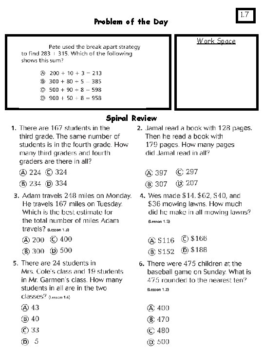 1. 7 Problem of the Day Work Space Spiral Review 