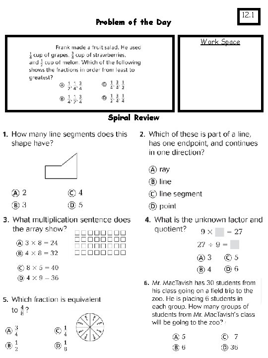 12. 1 Problem of the Day Work Space Spiral Review 