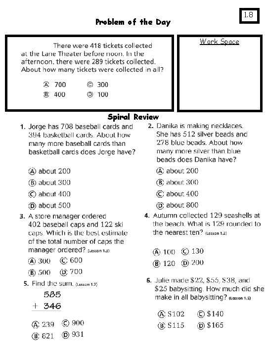 1. 8 Problem of the Day Work Space Spiral Review 