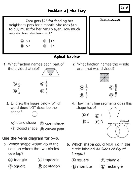 12. 9 Problem of the Day Work Space Spiral Review 