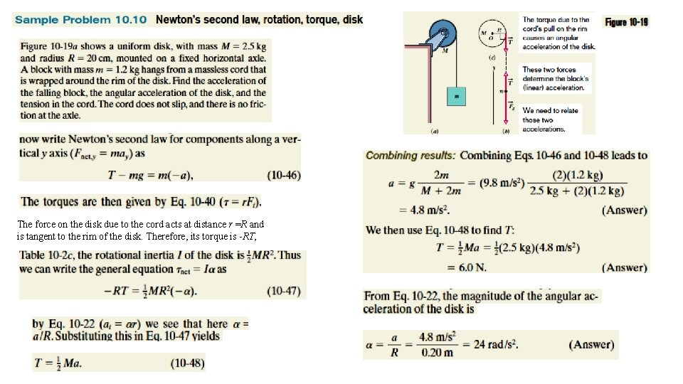 The force on the disk due to the cord acts at distance r =R