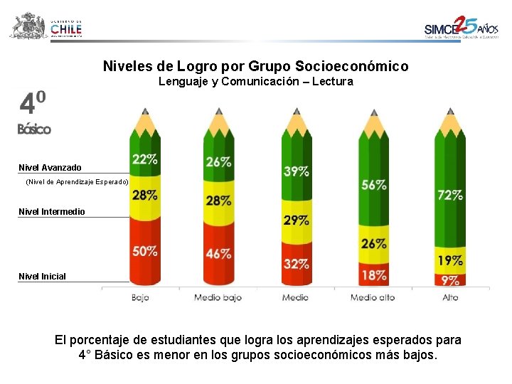Niveles de Logro por Grupo Socioeconómico Lenguaje y Comunicación – Lectura Nivel Avanzado (Nivel