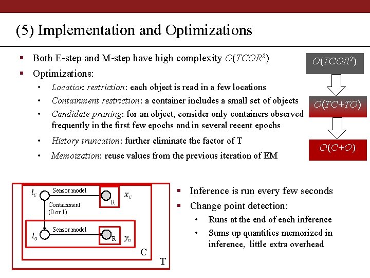(5) Implementation and Optimizations § Both E-step and M-step have high complexity O(TCOR 2)