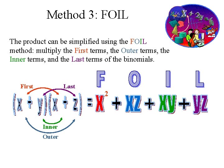 Method 3: FOIL The product can be simplified using the FOIL method: multiply the