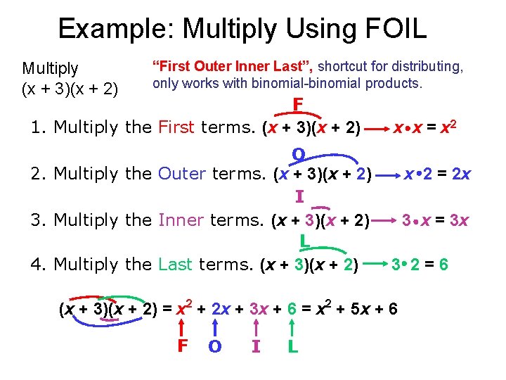 Multiplying Polynomials 7 -7 Example: Multiply Using Multiply (x + 3)(x + 2) FOIL