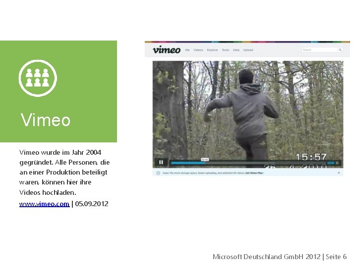 Vimeo wurde im Jahr 2004 gegründet. Alle Personen, die an einer Produktion beteiligt waren,