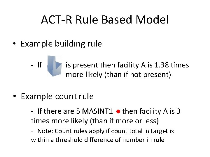 ACT-R Rule Based Model • Example building rule - If is present then facility
