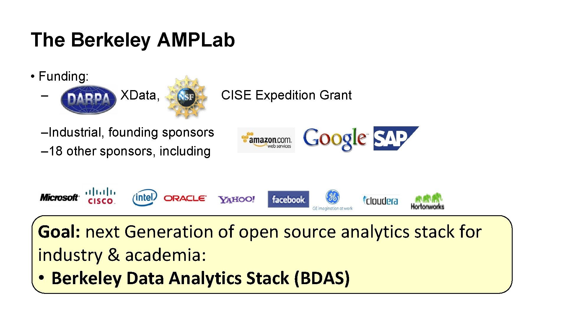 The Berkeley AMPLab • Funding: – XData, CISE Expedition Grant –Industrial, founding sponsors –
