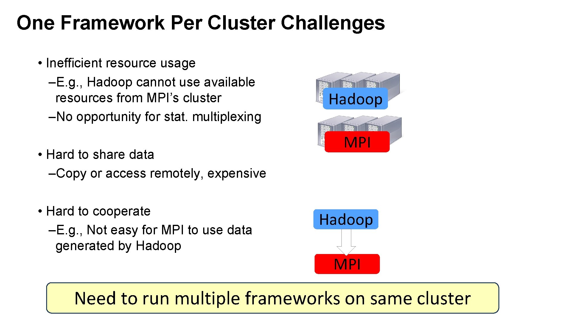 One Framework Per Cluster Challenges • Inefficient resource usage –E. g. , Hadoop cannot