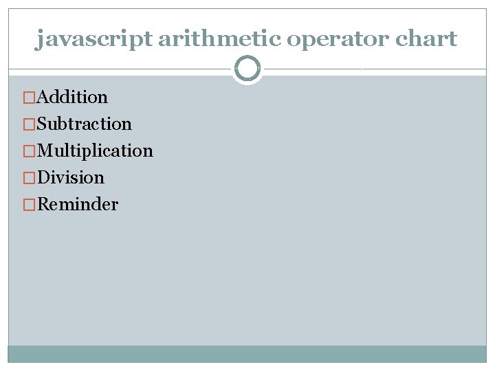 javascript arithmetic operator chart �Addition �Subtraction �Multiplication �Division �Reminder 