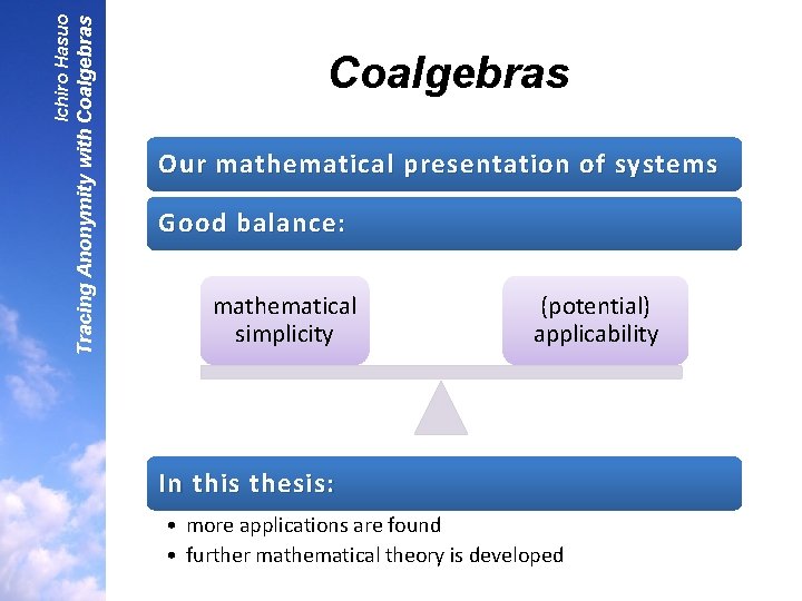 Tracing Anonymity with Coalgebras Ichiro Hasuo Coalgebras Our mathematical presentation of systems Good balance: