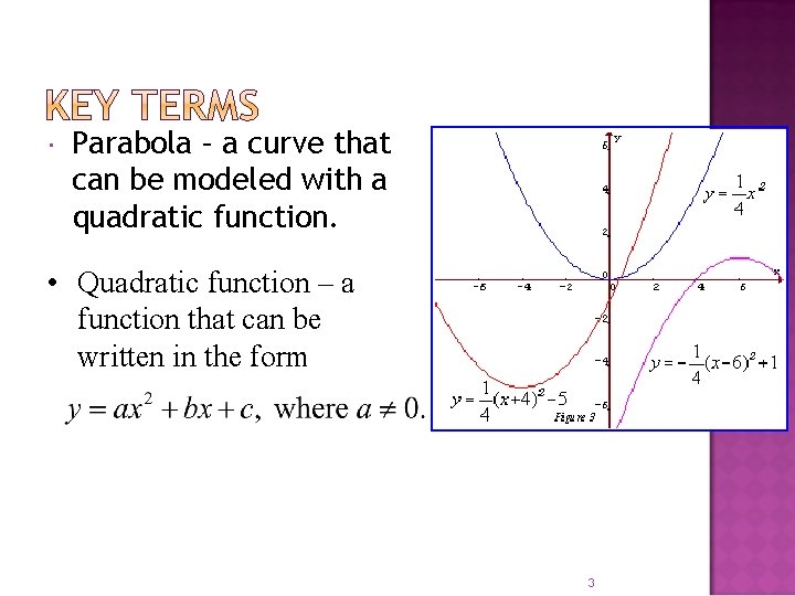  Parabola – a curve that can be modeled with a quadratic function. •