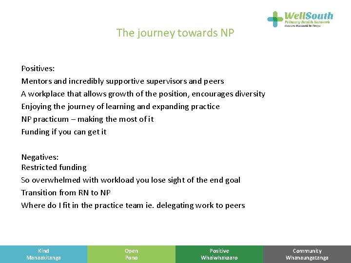 The journey towards NP Positives: Mentors and incredibly supportive supervisors and peers A workplace