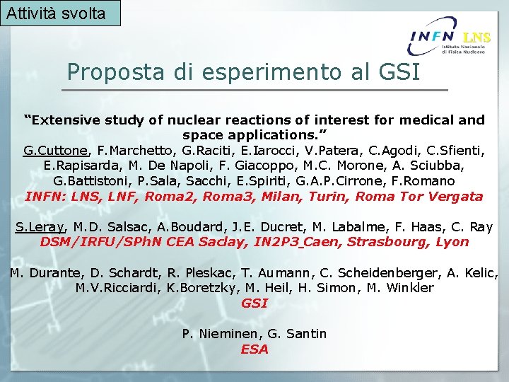 Attività svolta LNS Proposta di esperimento al GSI “Extensive study of nuclear reactions of