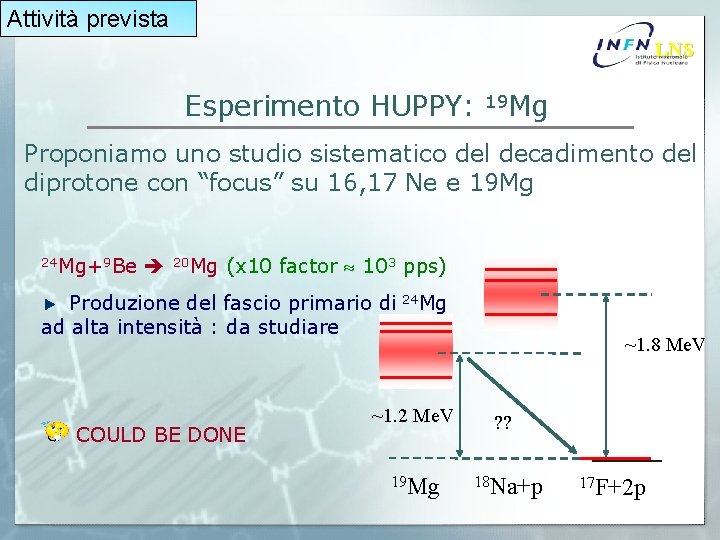 Attività prevista LNS Esperimento HUPPY: 19 Mg Proponiamo uno studio sistematico del decadimento del