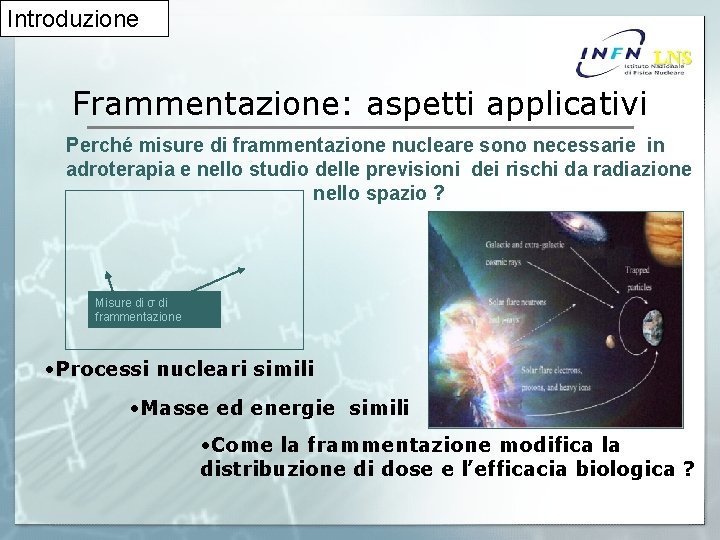 Introduzione LNS Frammentazione: aspetti applicativi Perché misure di frammentazione nucleare sono necessarie in adroterapia