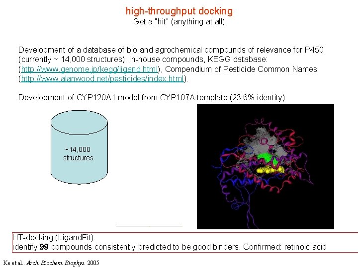 high-throughput docking Get a “hit” (anything at all) Development of a database of bio