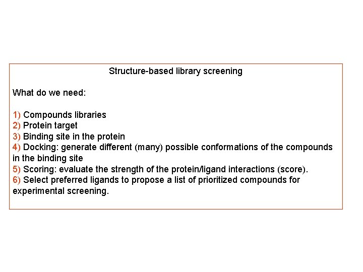 Structure-based library screening What do we need: 1) Compounds libraries 2) Protein target 3)