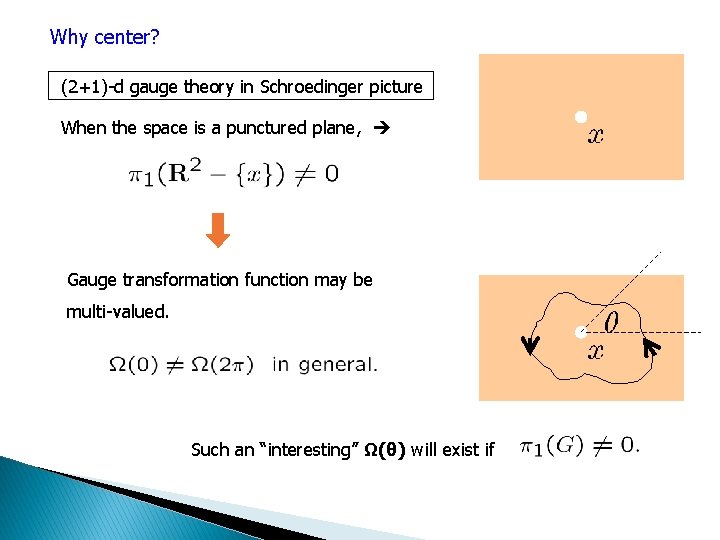 Why center? (2+1)-d gauge theory in Schroedinger picture When the space is a punctured