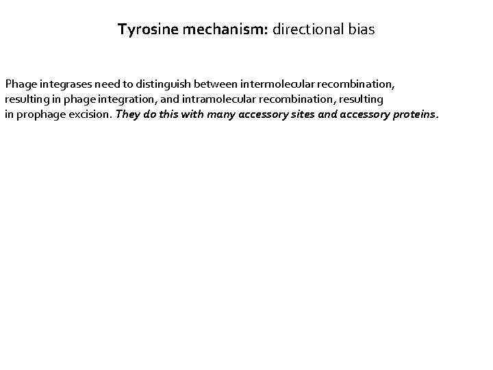 Tyrosine mechanism: directional bias Phage integrases need to distinguish between intermolecular recombination, resulting in