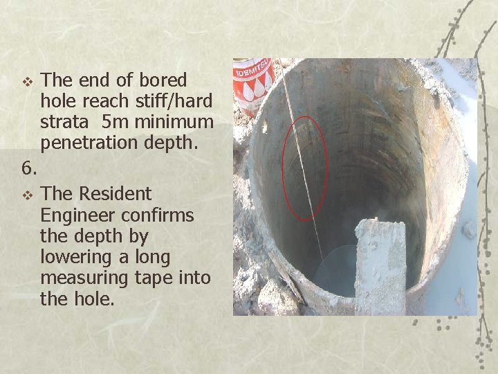 v The end of bored hole reach stiff/hard strata 5 m minimum penetration depth.