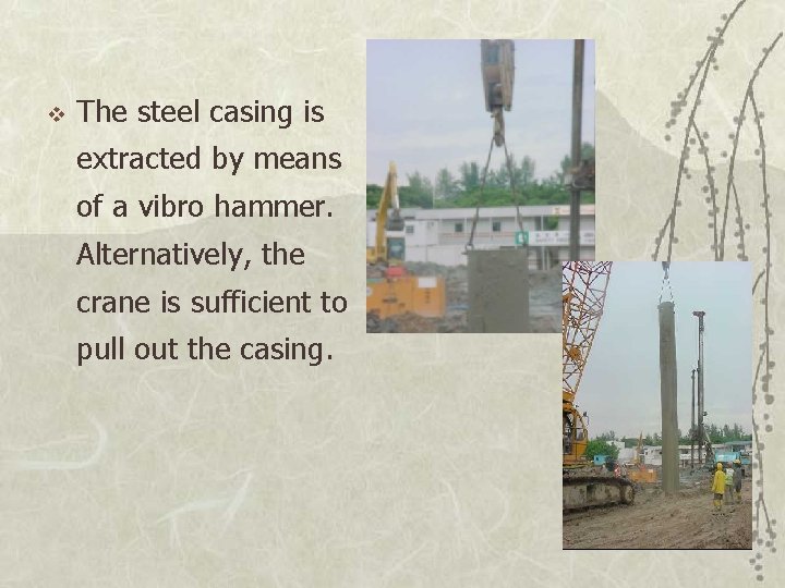 v The steel casing is extracted by means of a vibro hammer. Alternatively, the