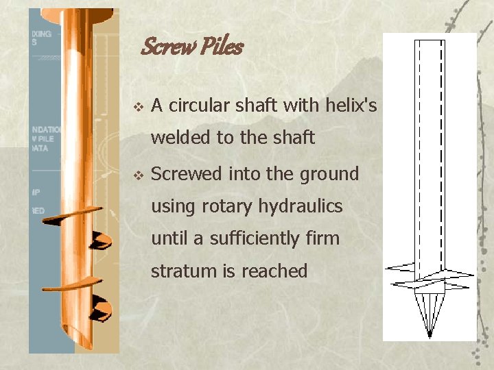 Screw Piles v A circular shaft with helix's welded to the shaft v Screwed