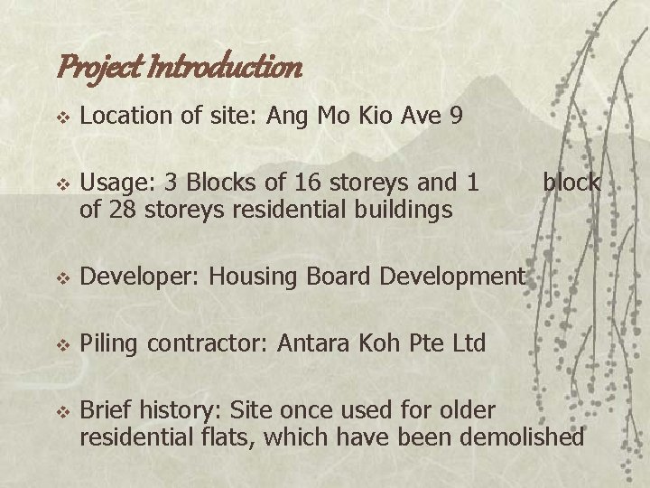 Project Introduction v v Location of site: Ang Mo Kio Ave 9 Usage: 3